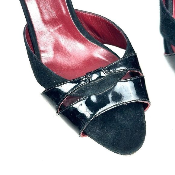 MaxMara Black Heels Suede Patent Leather Peep Toe Mary Jane Italy 40 US 10 - Picture 5 of 16